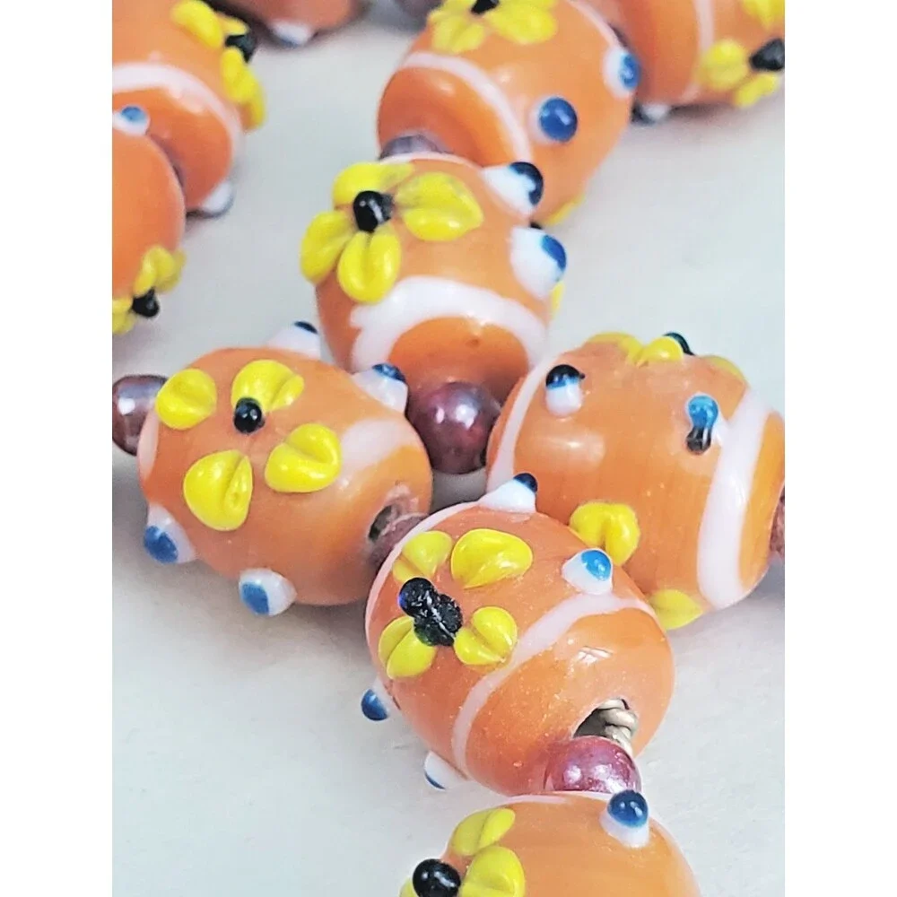 4 Vtg Millefior Lampwork Glass Bead Napkin Rings Orange Floral Table Decor